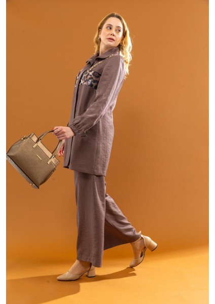 1606 Ceketin Önü Fermuarlı Önü Pullu Leopar ve Taş Işlemeli Cep Görünümlü Kol Ucu Lastikli Pantolonun Beli Lastikli Ikili Takım #03-25# fiyatları