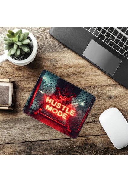 Kırmızı Neon Hustle Mode Yazılı Mousepad - 19X23 cm 2 mm Dikdörtgen Ithal Baskılı Mouse Pad