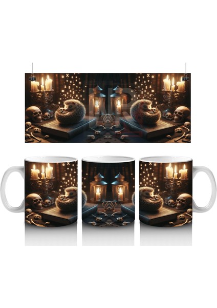 Şömine Başında Kitap Okuyan Cadı Figürlü Sıcak Cadılar Bayramı Baskılı Kupa Bardak