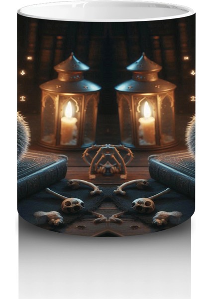 Şömine Başında Kitap Okuyan Cadı Figürlü Sıcak Cadılar Bayramı Baskılı Kupa Bardak modelleri