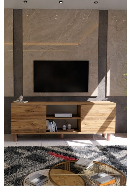 Modern Meşe Tv Ünitesi 150 cm – 65''e Kadar Uyumlu Kapaklı Dolap + Raf fırsatları