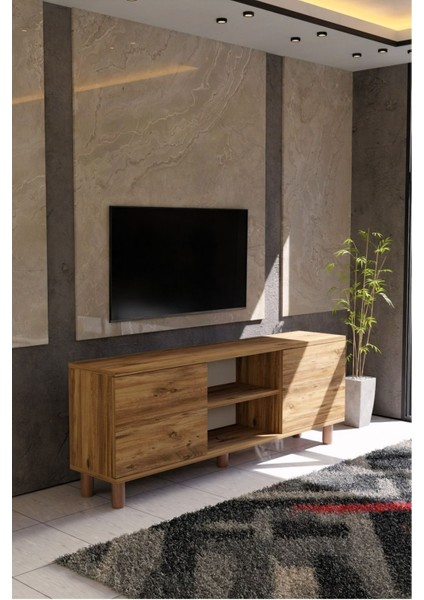 Modern Meşe Tv Ünitesi 150 cm – 65''e Kadar Uyumlu Kapaklı Dolap + Raf
