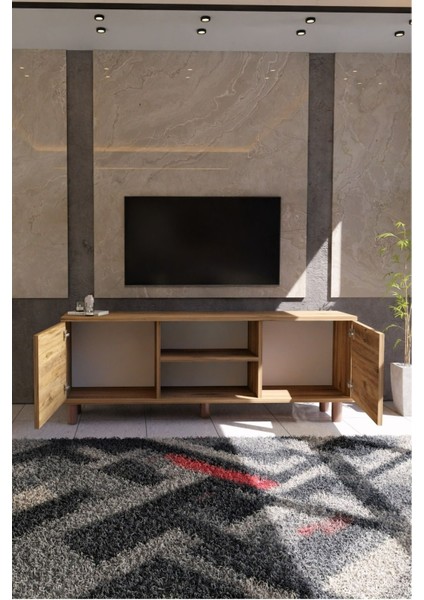 Modern Meşe Tv Ünitesi 150 cm – 65''e Kadar Uyumlu Kapaklı Dolap + Raf