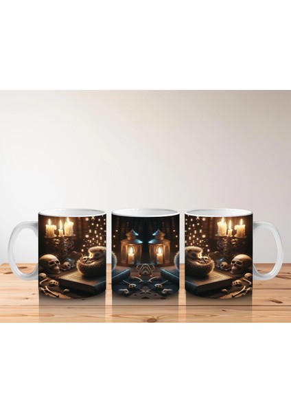 Şömine Başında Kitap Okuyan Cadı Figürlü Sıcak Cadılar Bayramı Baskılı Kupa Bardak indirimleri