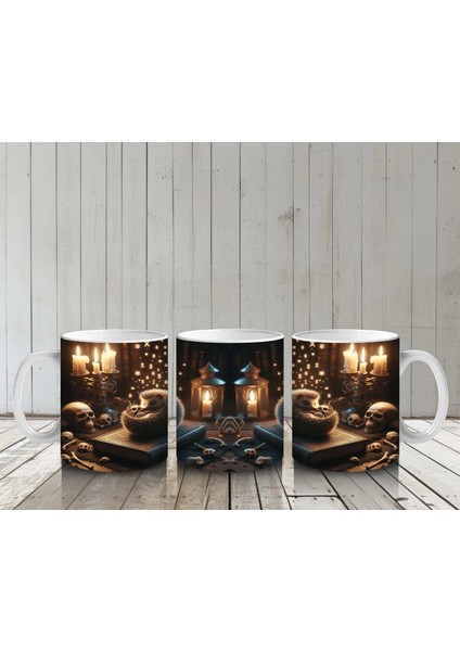 Şömine Başında Kitap Okuyan Cadı Figürlü Sıcak Cadılar Bayramı Baskılı Kupa Bardak