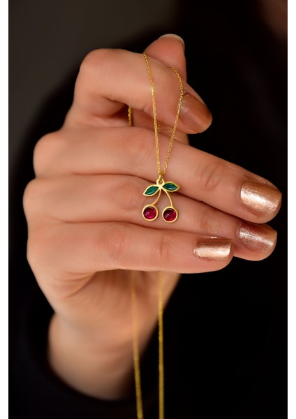 925 Ayar Gümüş Gold Kaplama Özel Tasarım Kırmızı Kiraz Kolye