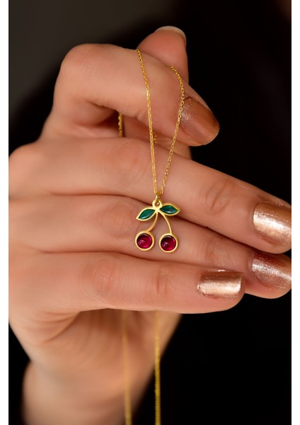 925 Ayar Gümüş Gold Kaplama Özel Tasarım Kırmızı Kiraz Kolye fiyatları