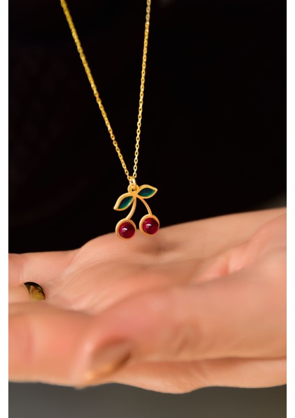 925 Ayar Gümüş Gold Kaplama Özel Tasarım Kırmızı Kiraz Kolye modelleri