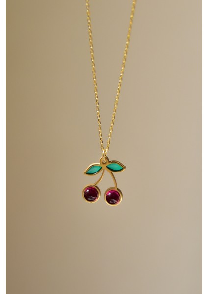 925 Ayar Gümüş Gold Kaplama Özel Tasarım Kırmızı Kiraz Kolye fırsatları