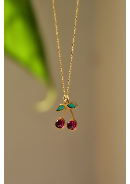 925 Ayar Gümüş Gold Kaplama Özel Tasarım Kırmızı Kiraz Kolye