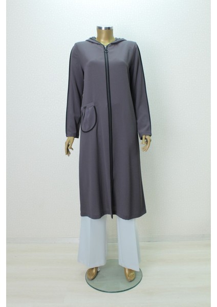 1002 Kolu Biyeli Önden Fermuarlı Kapişonlu Kap Qys Giy Çık Kap #24-05#