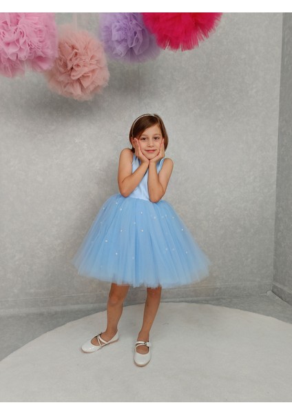 Kız Çocuk Ada Model Abiye Mavi Etek Incili Elbise modelleri