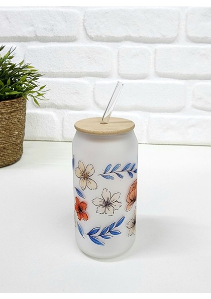Bambu Kapaklı Mavi Yaprak ve Turuncu Çiçek Desenli Pipetli Buzlu Cam Bardak