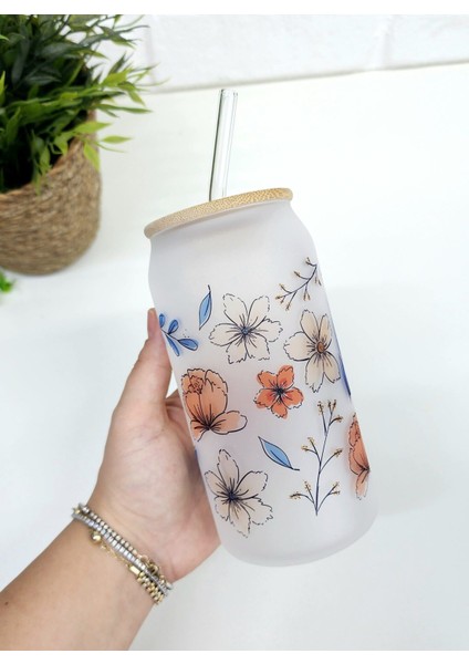Bambu Kapaklı Mavi Yaprak ve Turuncu Çiçek Desenli Pipetli Buzlu Cam Bardak modelleri