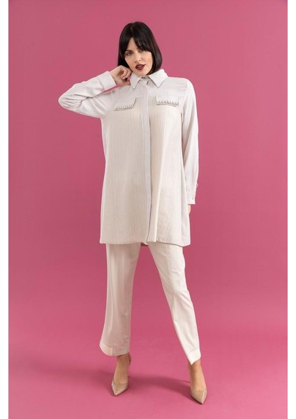 25200 Önü Gizli Düğmeli Cep Kapakları Taşlı Şık Gömlek Tunik #02-25#