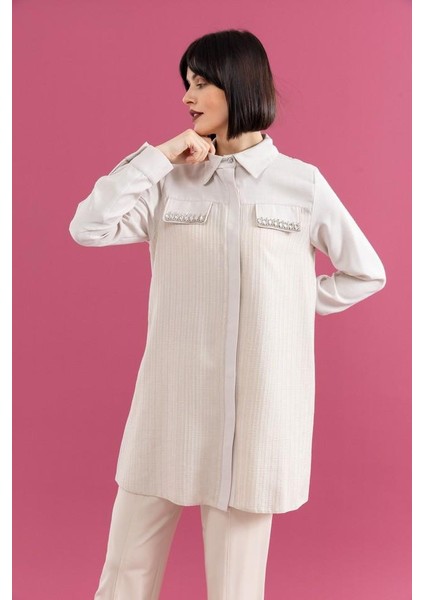 25200 Önü Gizli Düğmeli Cep Kapakları Taşlı Şık Gömlek Tunik #02-25# modelleri