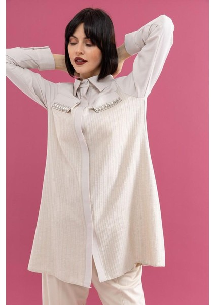 25200 Önü Gizli Düğmeli Cep Kapakları Taşlı Şık Gömlek Tunik #02-25# fırsatları