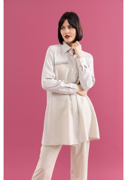 25200 Önü Gizli Düğmeli Cep Kapakları Taşlı Şık Gömlek Tunik #02-25# indirimleri