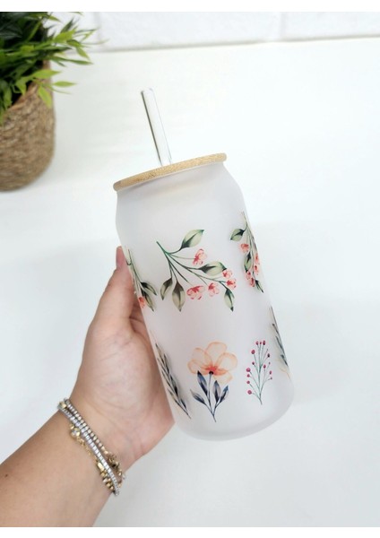 Bambu Kapaklı Yeşil Yaprak ve Kırmızı Çiçek Desenli Pipetli Buzlu Cam Bardak fiyatları