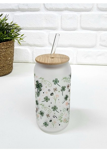 Bambu Kapaklı Yonca Yaprak Çiçek Desenli Pipetli Buzlu Cam Bardak
