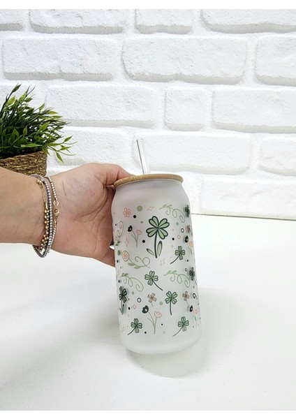 Bambu Kapaklı Yonca Yaprak Çiçek Desenli Pipetli Buzlu Cam Bardak fiyatları