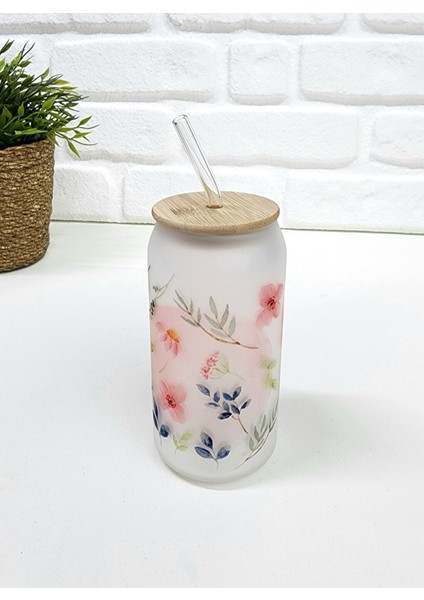 Bambu Kapaklı Mavi Yaprak ve Pembe Çiçek Desenli Pipetli Buzlu Cam Bardak