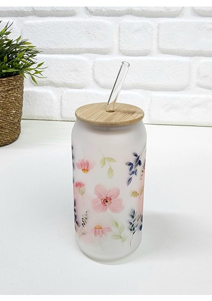 Bambu Kapaklı Mavi Yaprak ve Pembe Çiçek Desenli Pipetli Buzlu Cam Bardak fiyatları