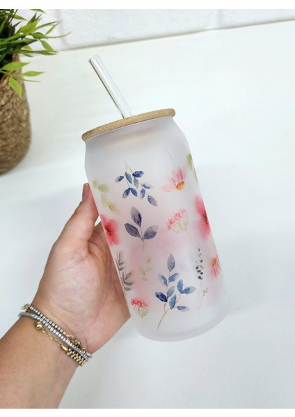 Bambu Kapaklı Mavi Yaprak ve Pembe Çiçek Desenli Pipetli Buzlu Cam Bardak modelleri