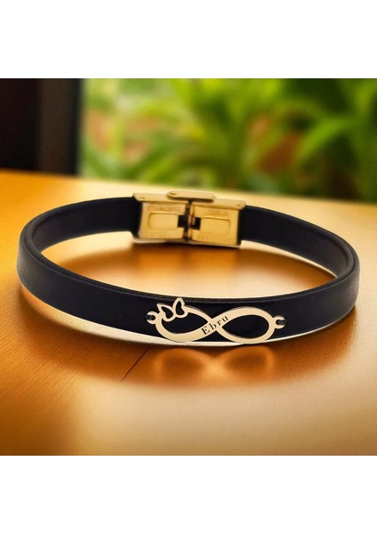 14 Ayar Plakalı Altın Ebru Ismine Özel Siyah Derili Sonsuzluk Motifli Hediye BILEKLIK-562ISIM fiyatları