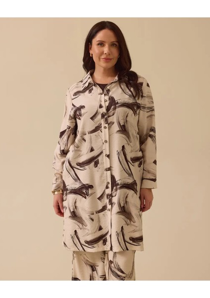 4002 Içi Sıfır Kol Sıfır Yaka Gömleğinin Önü Düğmeli Kolları Manşetli Desenli Ikili Takım #03-25#