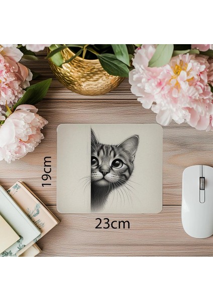 Beyaz Zemin Üzerine El Çizimi Kedi Mousepad - 19X23 cm 2 mm Dikdörtgen Ithal Baskılı Mouse Pad
