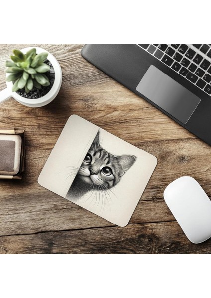 Beyaz Zemin Üzerine El Çizimi Kedi Mousepad - 19X23 cm 2 mm Dikdörtgen Ithal Baskılı Mouse Pad