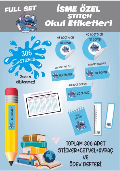 Okul Etiketi Full Set 306 Mavi Stitch / Kalem Etiketi Isimli Kişiye Özel
