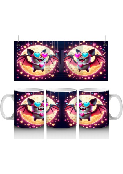 Neon Aydınlatmalı Renkli Yarasalar Figürlü Eğlenceli Cadılar Bayramı Baskılı Kupa Bardak