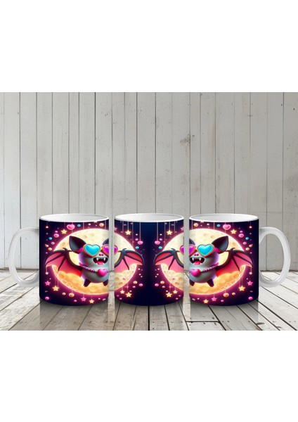 Neon Aydınlatmalı Renkli Yarasalar Figürlü Eğlenceli Cadılar Bayramı Baskılı Kupa Bardak