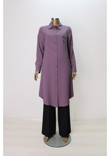 7003 Melodi Taş Işlemeli Önü Düğmeli Gömlke Yaka Tunik Qys Tunik 7003 #23-03#