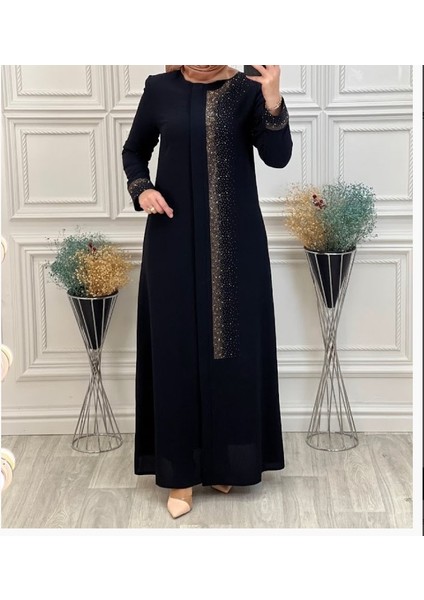 4062ÖNÜ ve Kol Ucu Taşlı Sıfır Yaka Serpme Taşlı Özel Gün Sıfır Yaka Tam Boy Ferace Qys 4062 #23-01#