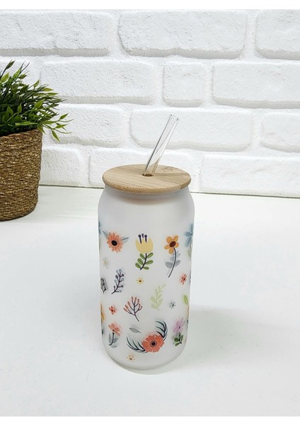 Bambu Kapaklı Çok Renkli Çiçek Desenli Pipetli Buzlu Cam Bardak