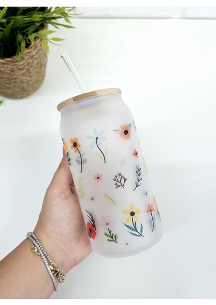 Bambu Kapaklı Çok Renkli Çiçek Desenli Pipetli Buzlu Cam Bardak modelleri
