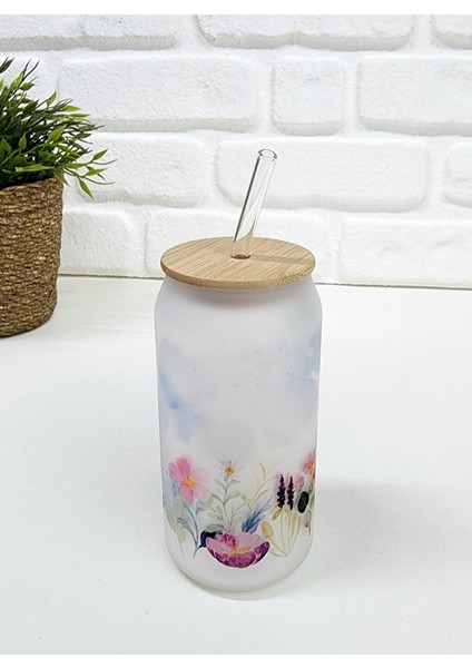 Bambu Kapaklı Renkli Çiçek Desenli Pipetli Buzlu Cam Bardak