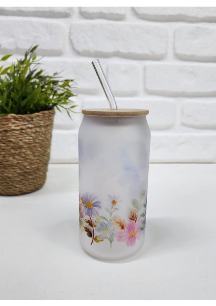 Bambu Kapaklı Renkli Çiçek Desenli Pipetli Buzlu Cam Bardak fiyatları
