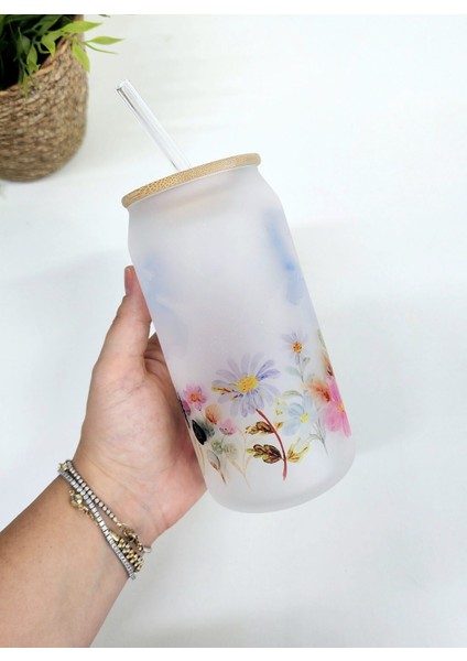 Bambu Kapaklı Renkli Çiçek Desenli Pipetli Buzlu Cam Bardak modelleri