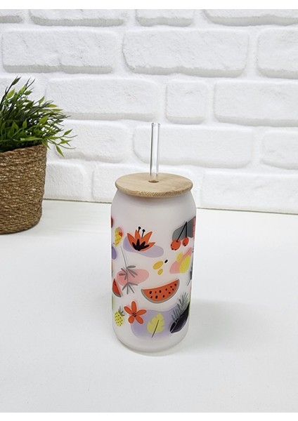 Bambu Kapaklı Tropikal Temalı Pipetli Buzlu Cam Bardak