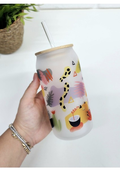 Bambu Kapaklı Tropikal Temalı Pipetli Buzlu Cam Bardak modelleri