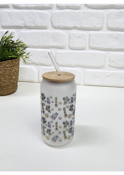 Bambu Kapaklı Kaktüs Desenli Pipetli Buzlu Cam Bardak