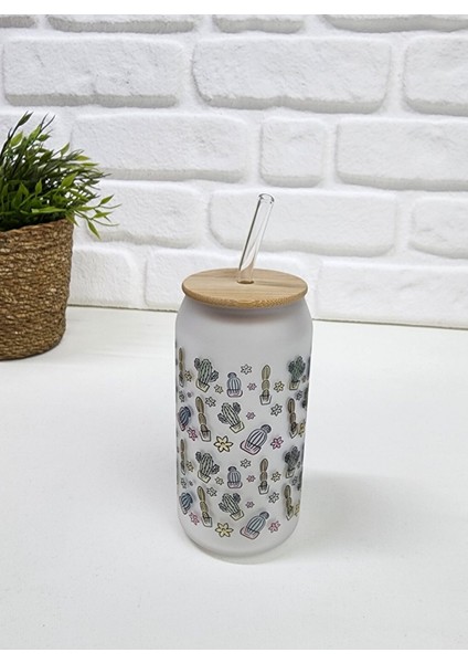 Bambu Kapaklı Kaktüs Desenli Pipetli Buzlu Cam Bardak fiyatları
