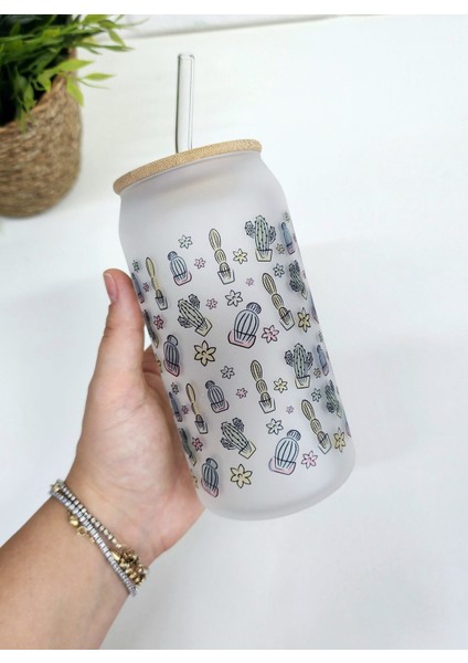 Bambu Kapaklı Kaktüs Desenli Pipetli Buzlu Cam Bardak modelleri
