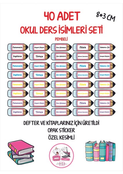 Okul Ders Etiketi Sticker Pembe Renkli