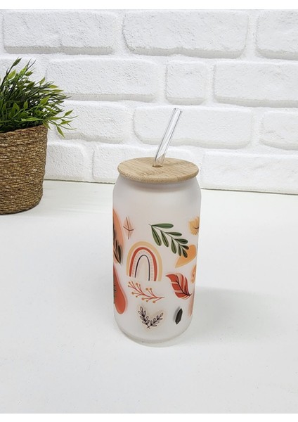 Bambu Kapaklı Bohem Temalı Pipetli Buzlu Cam Bardak