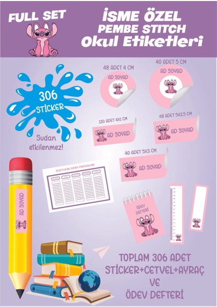 Okul Etiketi Full Set 306 Pembe Stitch / Kalem Etiketi Isimli Kişiye Özel
